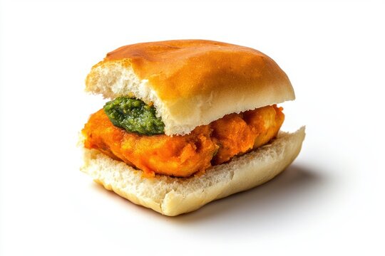 Delicious vada pav showcasing vibrant green chutney and fried potato filling on a white table food delight