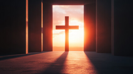 Naklejka premium cross silhouette illuminated by warm sunset, creating serene atmosphere. light casts long shadows, enhancing spiritual ambiance of scene