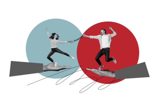 Photo collage image young two persons man woman charity activists volunteers help humanitarian support awareness two arms drawing background