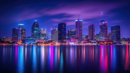 Fototapeta premium Night Cityscape Skyline Reflection on Calm Water Stunning Urban Nightscape Vibrant Colors Illuminating Modern Architecture