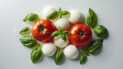 Tomatoes, basil, and mozzarella arranged on a white background. Element for package design with a clipping path. Ingredients for salad.