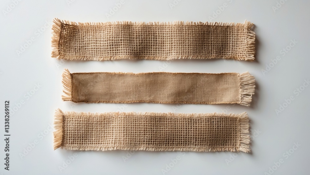 Poster burlap fabric label strips, rustic patch set against a white backdrop