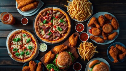Buffet table arrangement featuring takeout or delivery foods. Pizza, hamburgers, fried chicken, and sides. Overhead view against a dark wood backdrop.