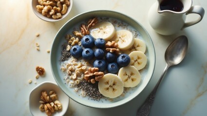 Oatmeal bowl. Oat porridge topped with banana, blueberry, walnut, chia seeds, and oat milk for a nutritious breakfast. Healthy diet food. Top view.