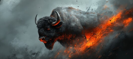 Powerful Black Bison Charging Through Fire and Smoke, Wildlife Fury and Animal Power in Nature