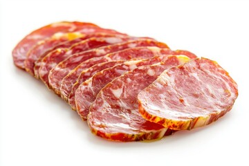 Fototapeta premium Delicious and flavorful dry cured sausage slices on white background studio shot offering appetizing aroma and fresh color