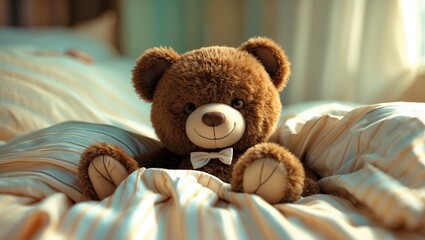 Teddy bear resting on the bed