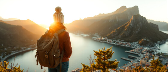 A lone tourist woman wanders across the rugged, rocky terrain, embracing the solitude and beauty of the vast landscape. The concept of adventure, self-discovery, and the spirit of exploration.