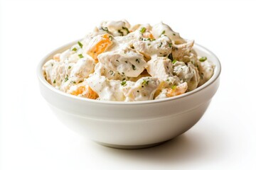 Delicious homemade chicken salad with mayonnaise dressing in ceramic bowl on white background