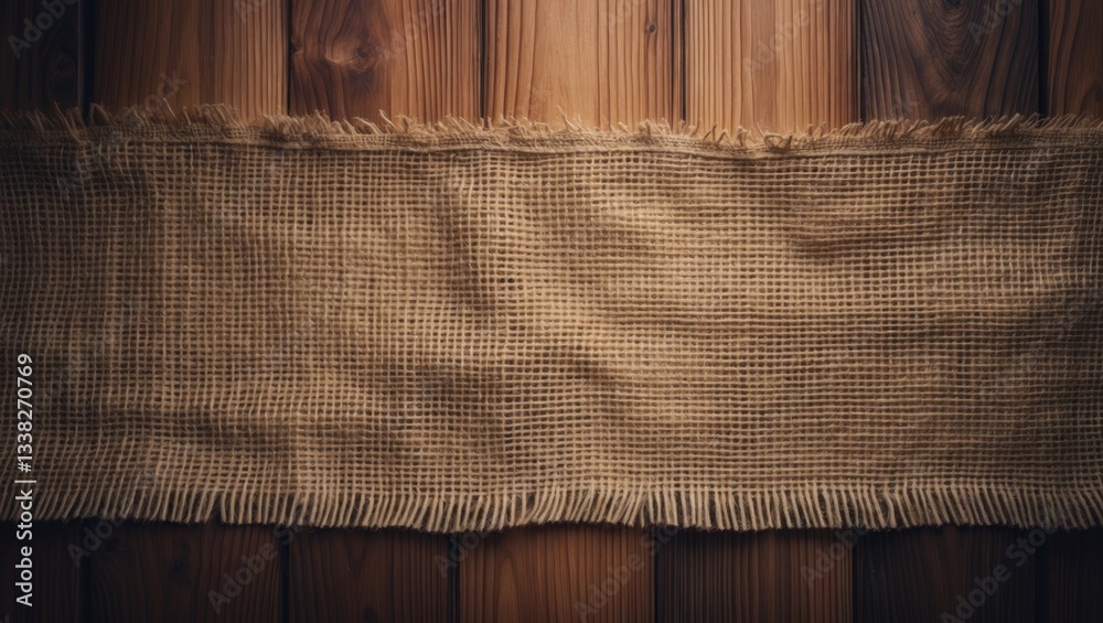 Poster burlap sacking background atop wooden surface