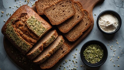 Bran bread topped with various seeds on a wooden board, banner, menu, recipe space for text, overhead view