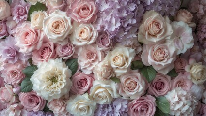 Flowers wall background featuring beautiful roses, decoration for weddings, handcrafted.