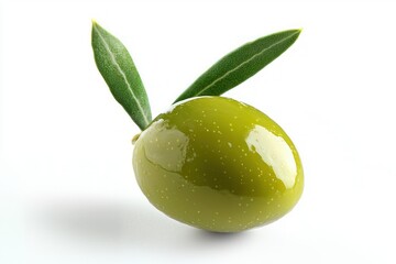 Obraz premium Close up vibrant green olive still life composition with two leaves on a clean white background