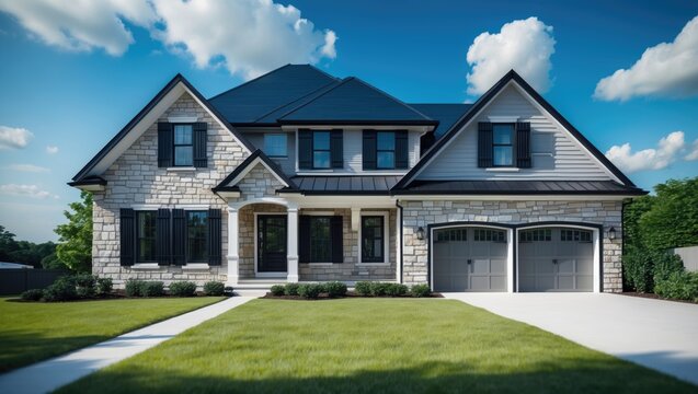 Aerial perspective of a multi-faceted facade featuring stone veneer on a gable pitched roof, gray horizontal vinyl siding, dark shutters on white frame elegant double sash windows of a single-famil... - Powered by Adobe