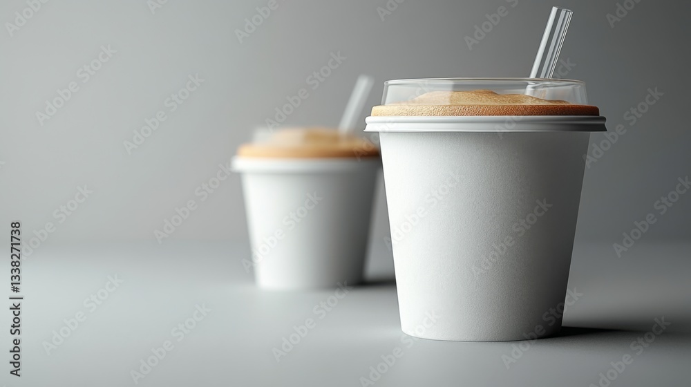 Poster two white coffee cups with lids and straws hold iced beverages. they are positioned closely on a smo