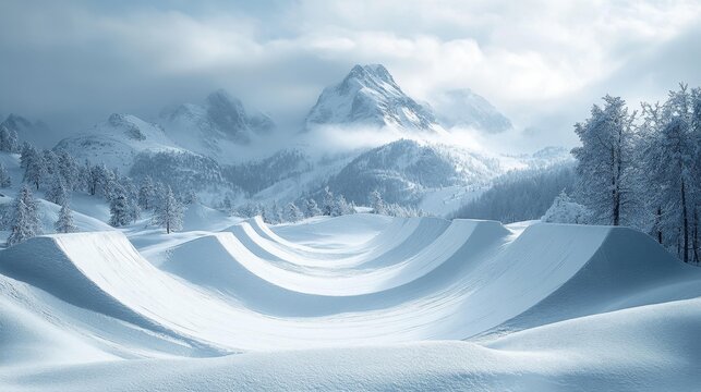 A snowy terrain park with half-pipes and jumps ready for snowboarding. Generative AI
