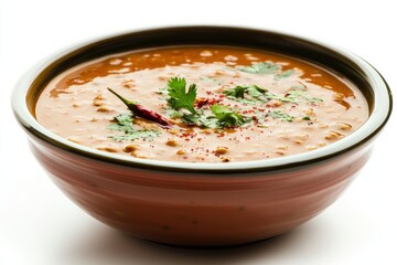 Creamy lentil soup in terracotta bowl vibrant cilantro and chili garnish authentic Indian dish closeup