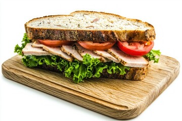 Fresh Turkey Sandwich on Rustic Bread with Lettuce and Tomato on Wooden Board Overhead Angle