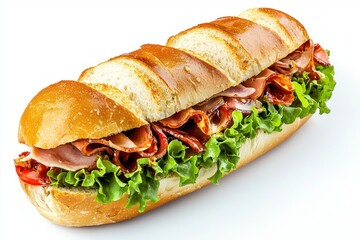 Delicious submarine sandwich with fresh lettuce ham and tomato on white background studio shot food