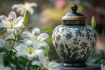 A urn with ashes among beautiful white lilies. A farewell ceremony filled with sorrow and peace, symbolizing eternal remembrance and love