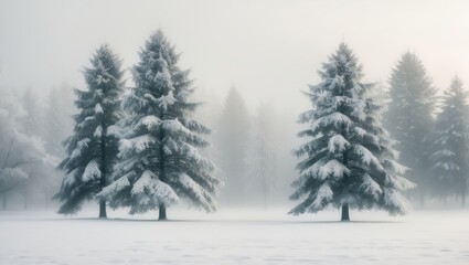 Fototapeta premium A peaceful winter scenery showcasing snow-covered trees against a gray, cloudy sky. The calm and minimalist setup instills a sense of serenity and natural beauty. frost forest