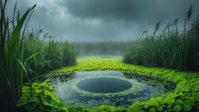 Eutrophic settling pond lush with aquatic plants and duckweed