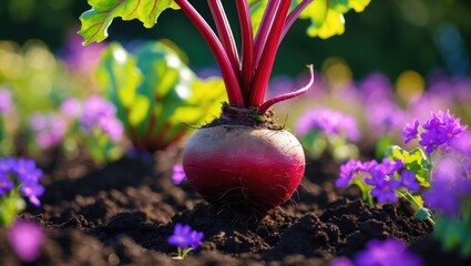 The beetroot is the taproot section of the beet plant, growing in a sunny vegetable garden.