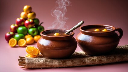 Traditional Mexican Christmas beverage featuring fruits on a pink background.