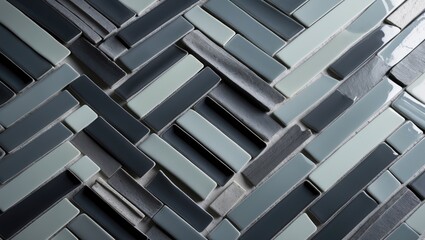Abstract continuous contemporary mosaic porcelain stoneware cement subway tile, patchwork arranged in a herringbone pattern texture background banner panorama.