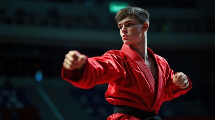 Sambo fighter in red kimono