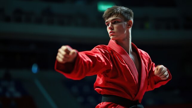 Sambo fighter in red kimono