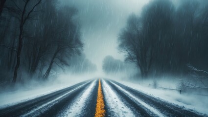Blizzard intensely blankets a section of road with snow.