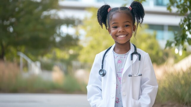 Young girl wearing a white lab coat and a stethoscope