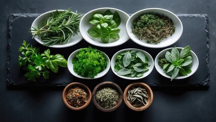 Five varieties of fresh organic herbs in porcelain bowls alongside dried herbs in wooden bowls are arranged on a black slate plate.