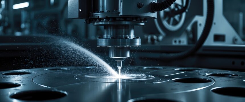 Water jet industrial machine utilizing high pressure to cut steel plate. Computer-controlled metalworking device using water jet technology for metal cutting.