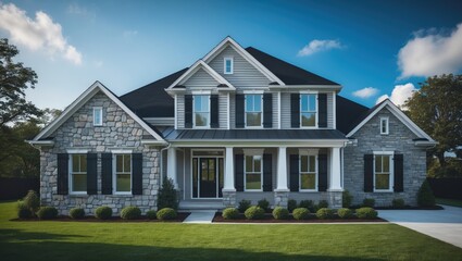 Aerial perspective of intricate facade featuring stone veneer adorned gable pitched roof, gray horizontal vinyl siding, dark shutters on the white frame elegant double sash windows single family home.