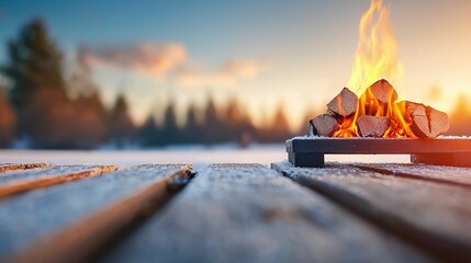Cozy winter campfire on snowy deck