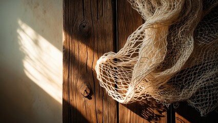Fishing net resting on a brown wooden surface