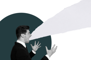 Creative collage picture poster young businessman shouting mad furious argue outraged emotional expression mental disorder psychotherapy