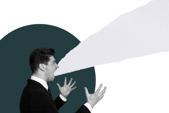 Creative collage picture poster young businessman shouting mad furious argue outraged emotional expression mental disorder psychotherapy - Powered by Adobe