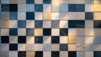 Fototapeta premium Vintage checkered marble flooring design featuring alternating textured tiles set in a traditional grid. The tiles exhibit subtle veining and natural variations.