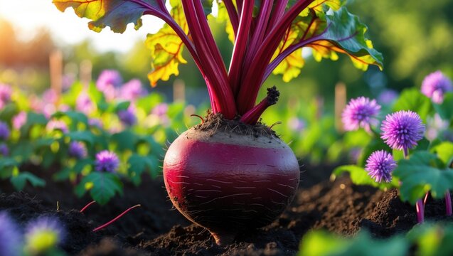 The beetroot is the taproot part of the beet plant, thriving in the sunny vegetable garden.