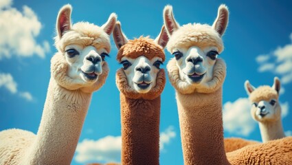 Three amusing alpacas together against a backdrop of blue sky.