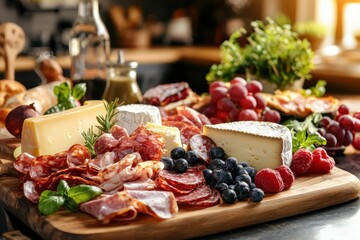 Gourmet cheese and cold cuts platter with fresh fruit selection rustic charm and culinary delight