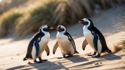 Obraz premium Three Magellanic penguins playing and slipping while ascending a sandy slope.