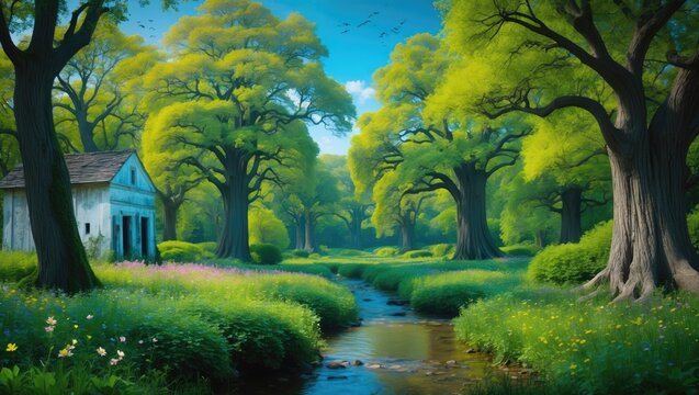 A tranquil domain of towering trees, flowing brooks, and vivid flora, where the melody of birdsong mingles with the gentle breeze.