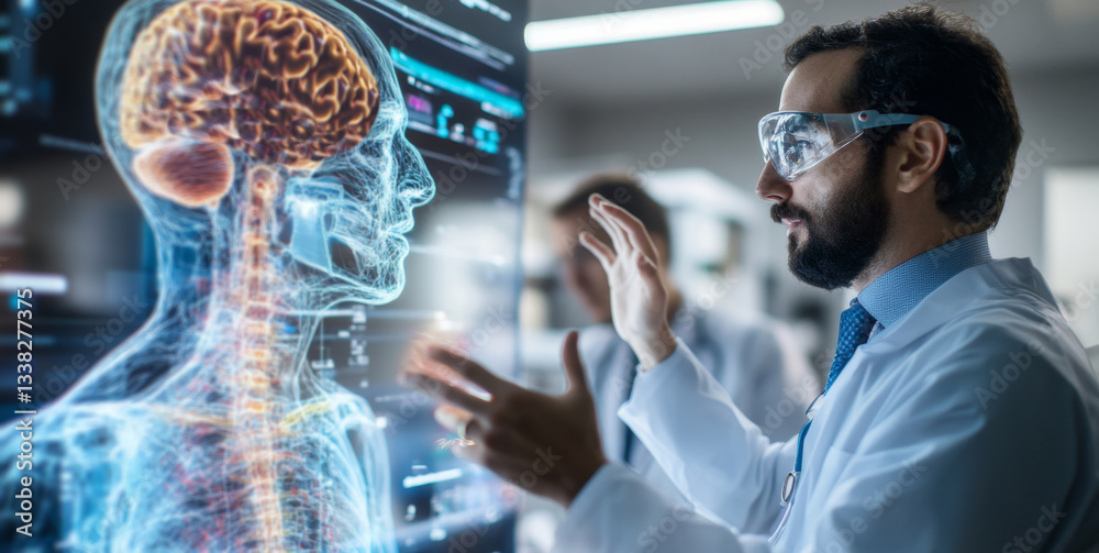 Poster Interns participate in an innovative training session using a virtual anatomy model to learn about the human body. They are focused and discussing complex medical concepts in a well-lit lab.