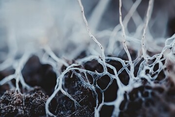 A close-up of mycorrhizal fungi networks in soil, enhancing plant growth