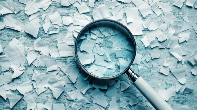 A close-up of a broken magnifying glass lying on a torn document, representing distorted facts, unreliable sources, and misinformation, with a rustic blue wooden background and space for text