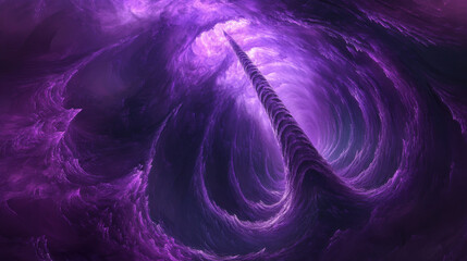 swirling vortex of vibrant purple clouds forms mystical spire, creating sense of wonder and intrigue. celestial atmosphere evokes dreamlike, otherworldly experience